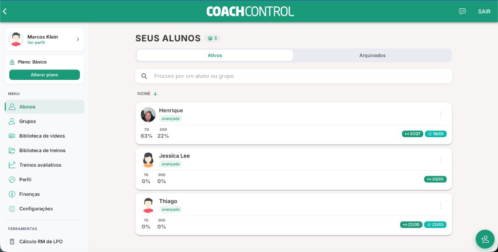 Painel do treinador no Coach Control